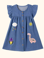 Denim kids dinosaur appliqué dress with button front and colorful weather and flower details, front product view