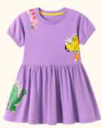 Kids Purple Dinosaur Appliqué Cotton Dress