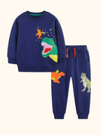 Dark navy kids dinosaur appliqué sweatshirt and matching pants set, front product view