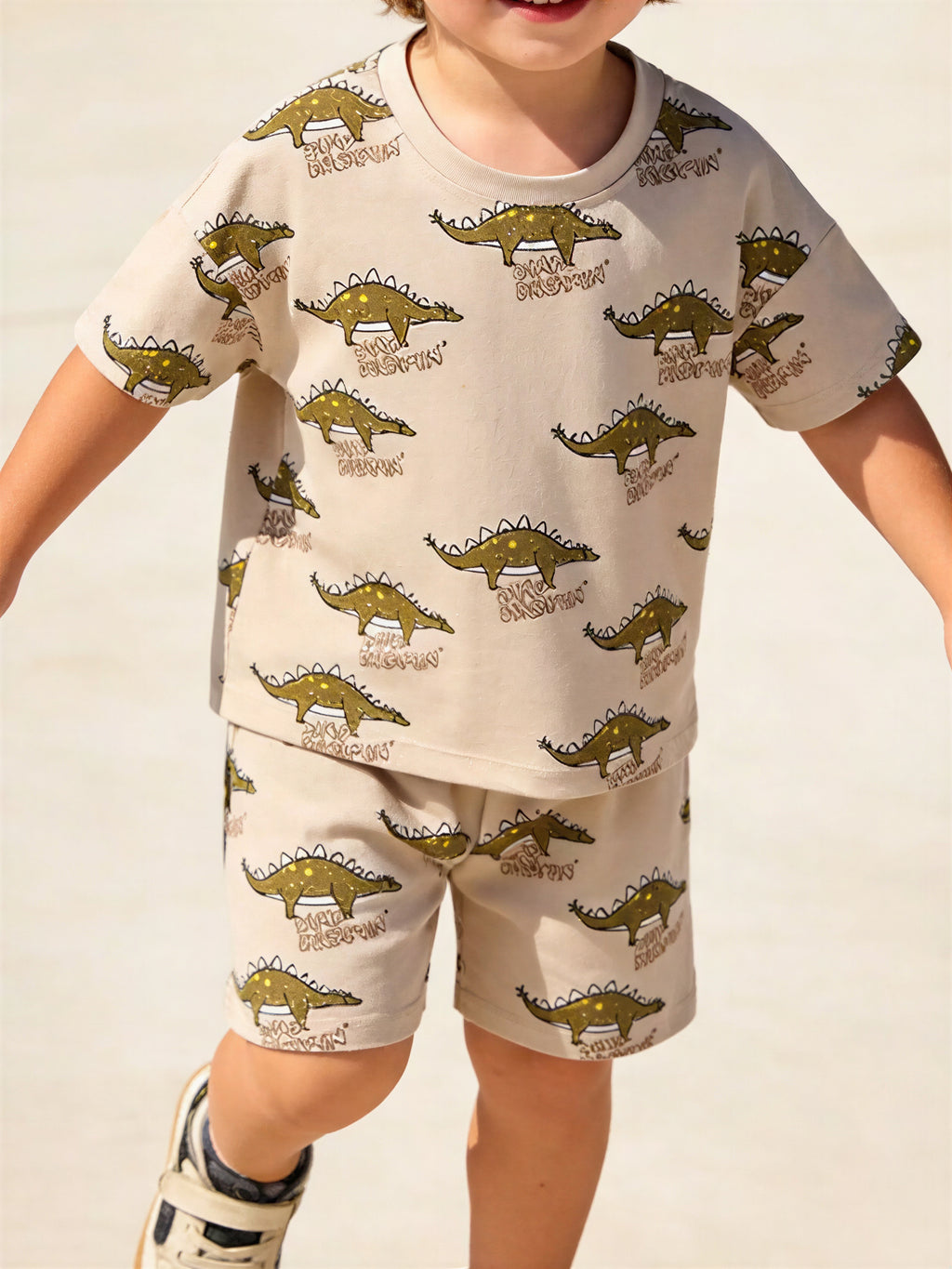 Dinosaur Print Round Neck Tee and Shorts Set