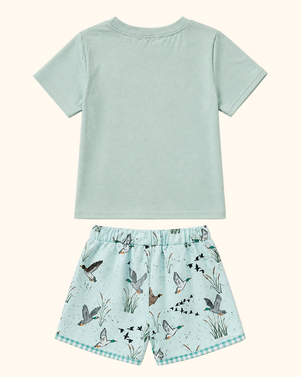 Green pocket T-shirt and duck print kids shorts set, back product view