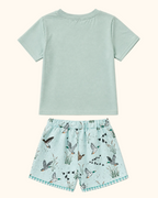 Green pocket T-shirt and duck print kids shorts set, back product view