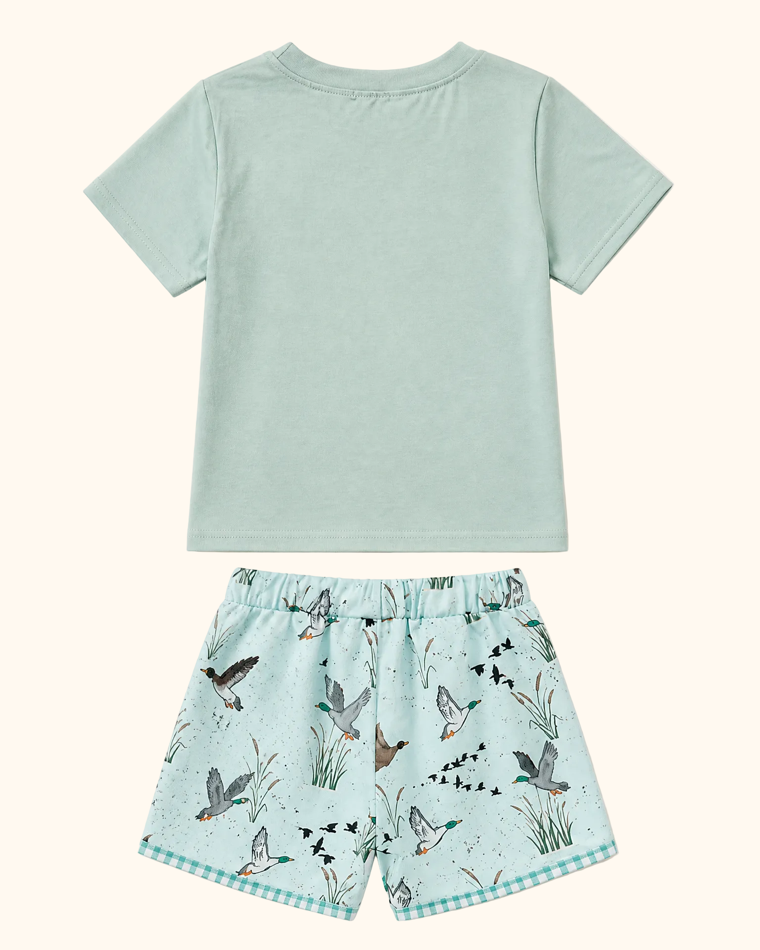 Green pocket T-shirt and duck print kids shorts set, back product view