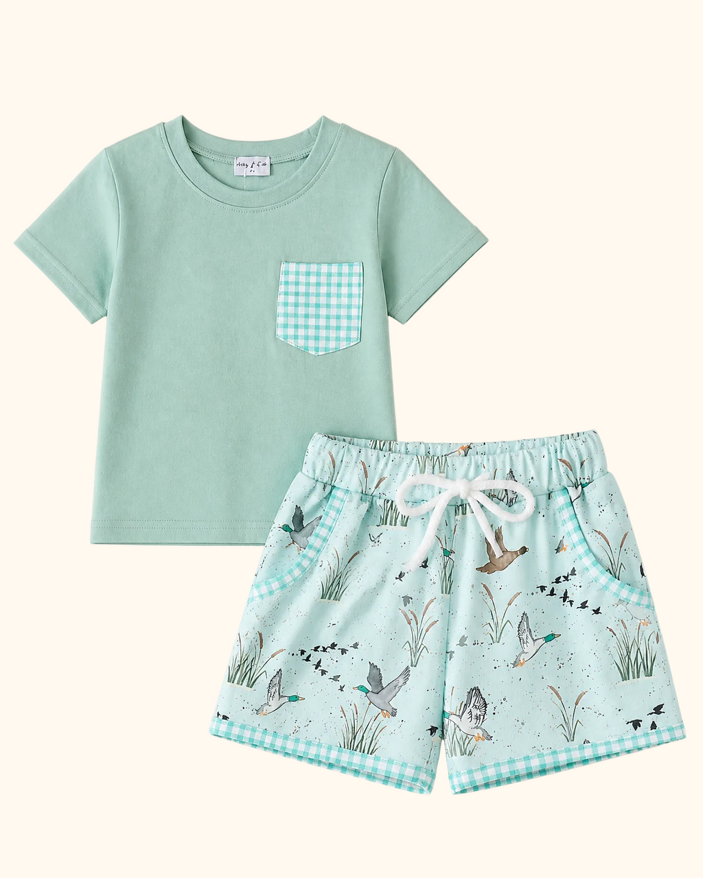 Green kids pocket T-shirt and duck print shorts with gingham trim, front product view