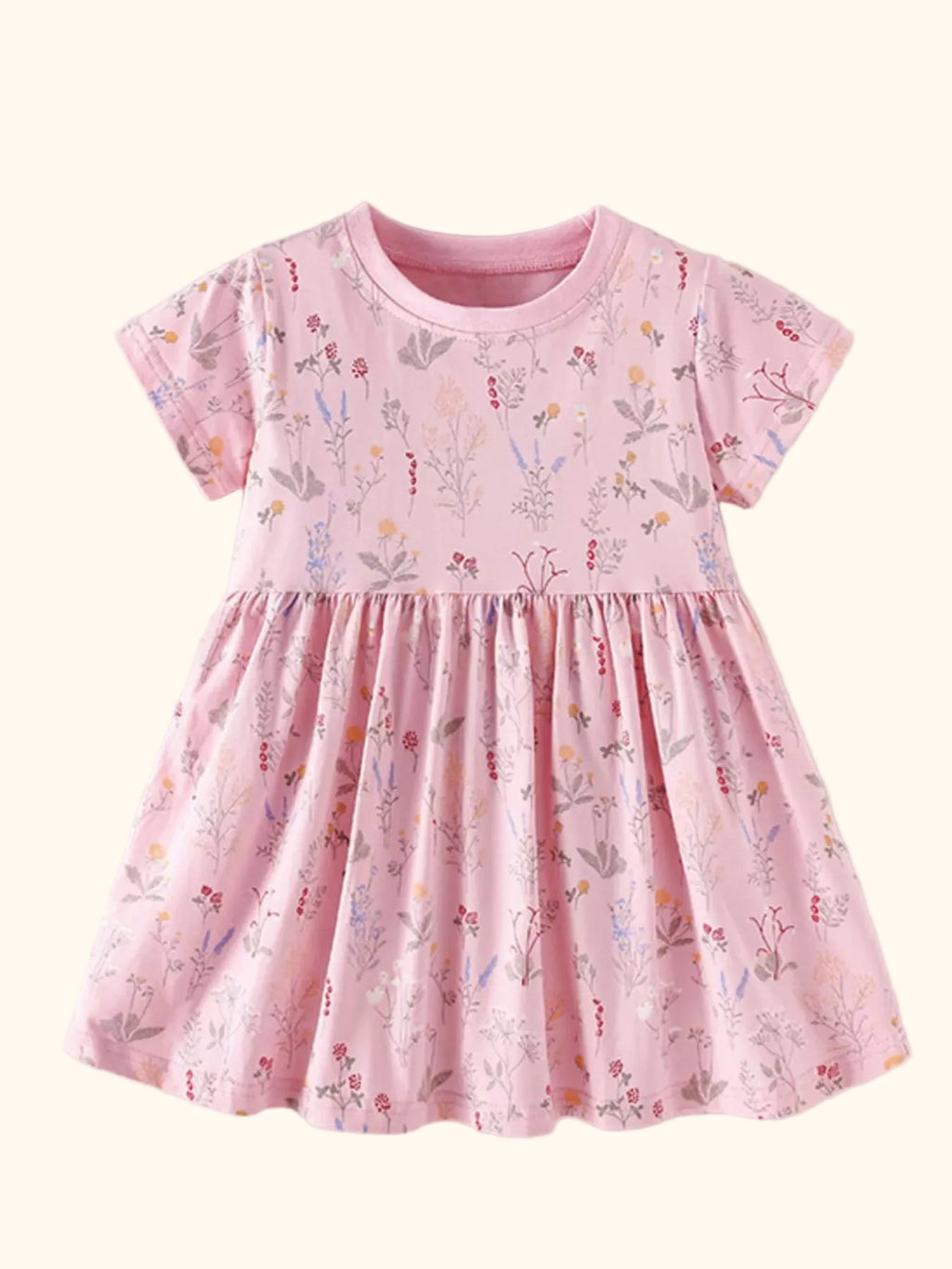 Dusty pink kids floral print A-line dress with short sleeves, front product view