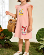 Kids Pink Embroidered Ruffle Sleeve Dress