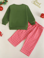 Green baby and toddler sweatshirt and red gingham pants set, back product view