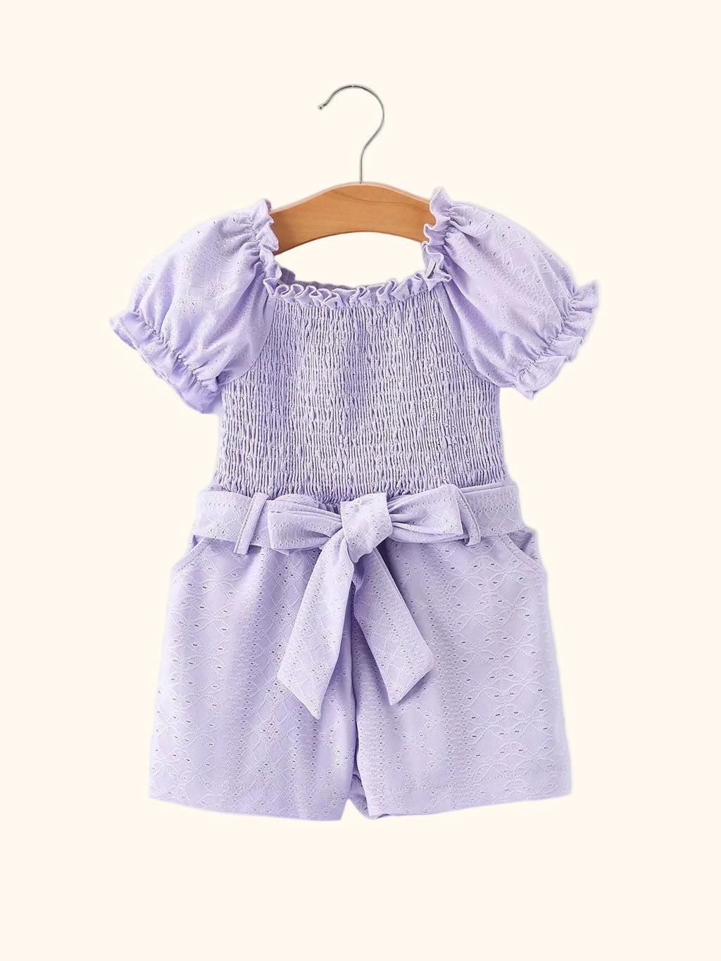 Eyelet Smocked Bow Puff-Sleeve Romper