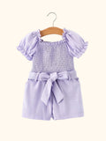 Eyelet Smocked Bow Puff-Sleeve Romper