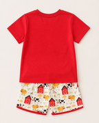 Red kids T-shirt and farm animal print shorts set, back product view