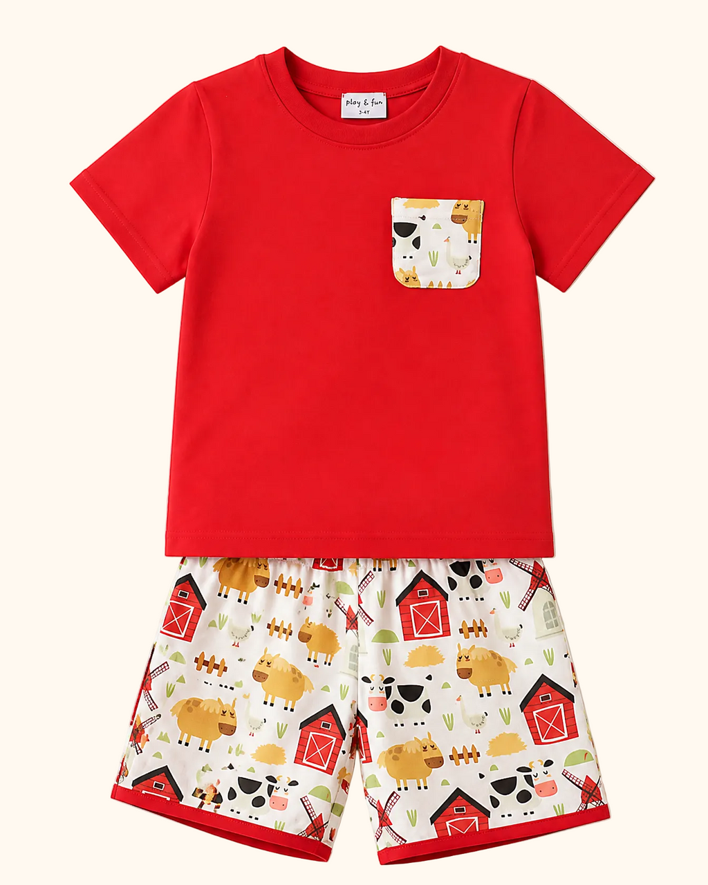 Red kids pocket T-shirt and farm animal print shorts set, front product view