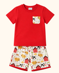 Red kids pocket T-shirt and farm animal print shorts set, front product view