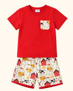 Red kids pocket T-shirt and farm animal print shorts set, front product view