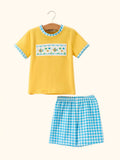 Fish Embroidered Smocked Tee & Plaid Shorts Set