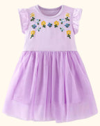 Kids Lavender Floral Embroidered Tulle Dress
