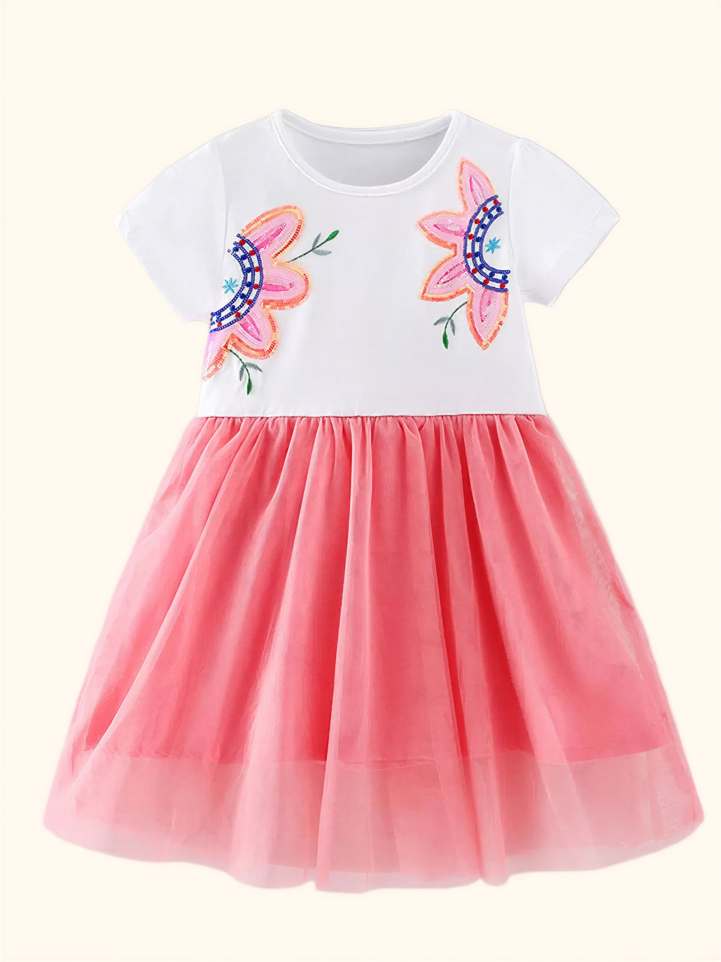 Floral Embroidered Tulle Dress - Pink