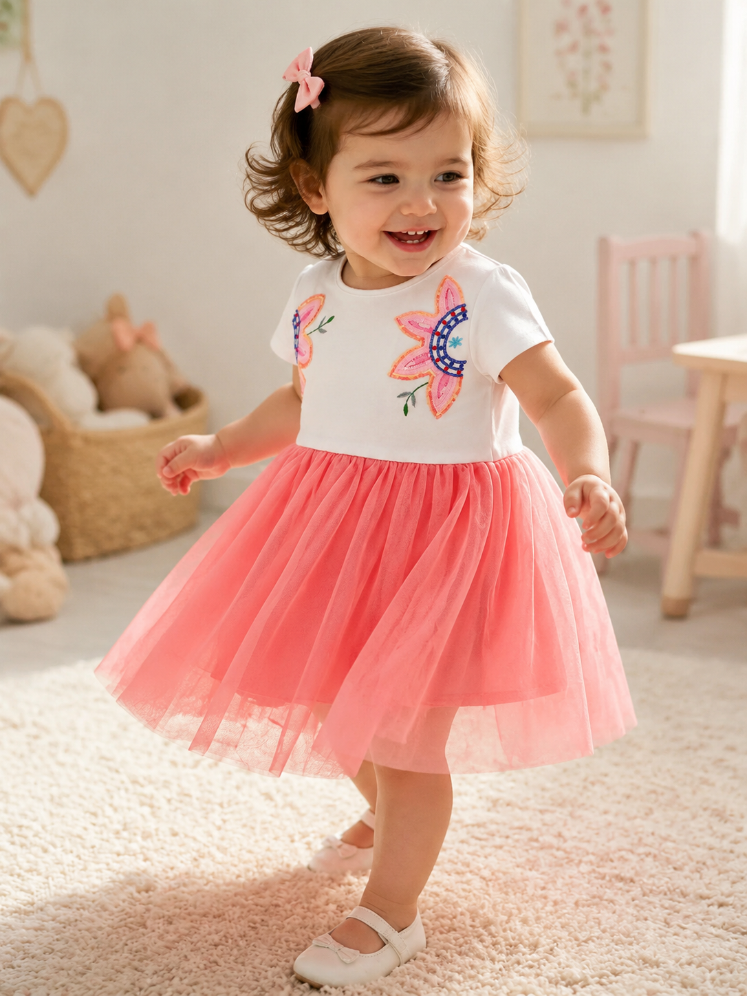 Floral Embroidered Tulle Dress - Pink