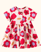 Pink kids floral print short sleeve dress with button front and gathered waist, front product view