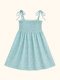 Green floral kids smocked shoulder-tie dress with gathered skirt, front product view