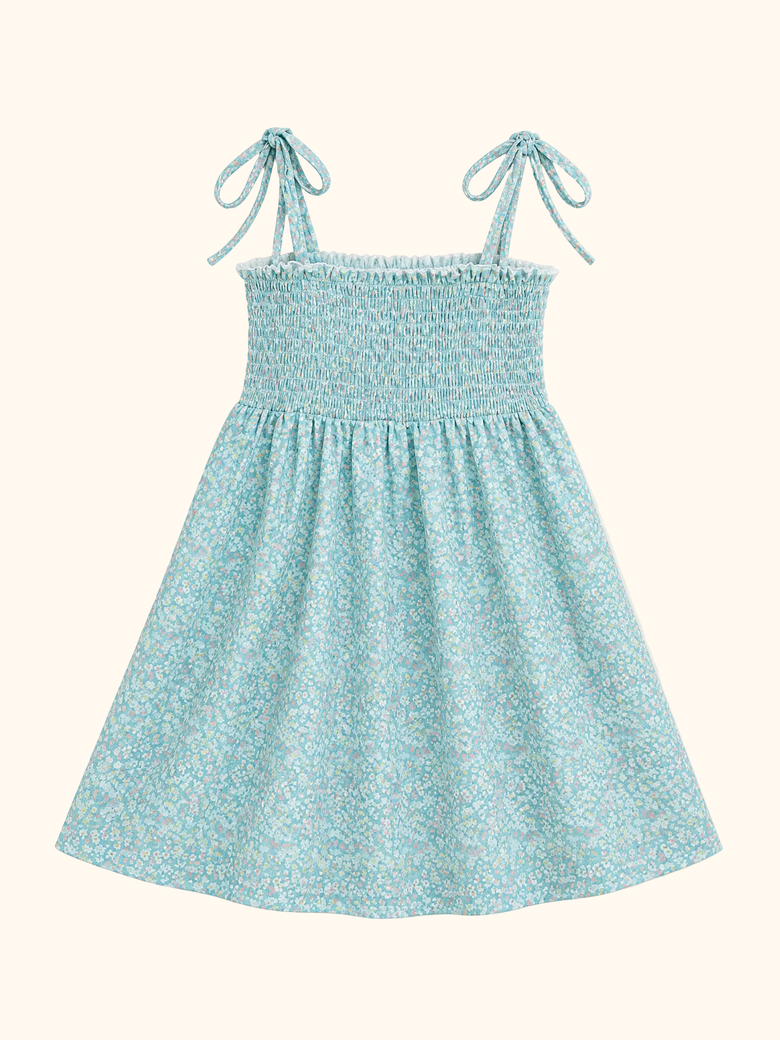 Green floral kids smocked shoulder-tie dress with gathered skirt, front product view