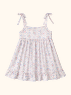 White floral smocked tie-strap kids dress with gathered skirt, back product view