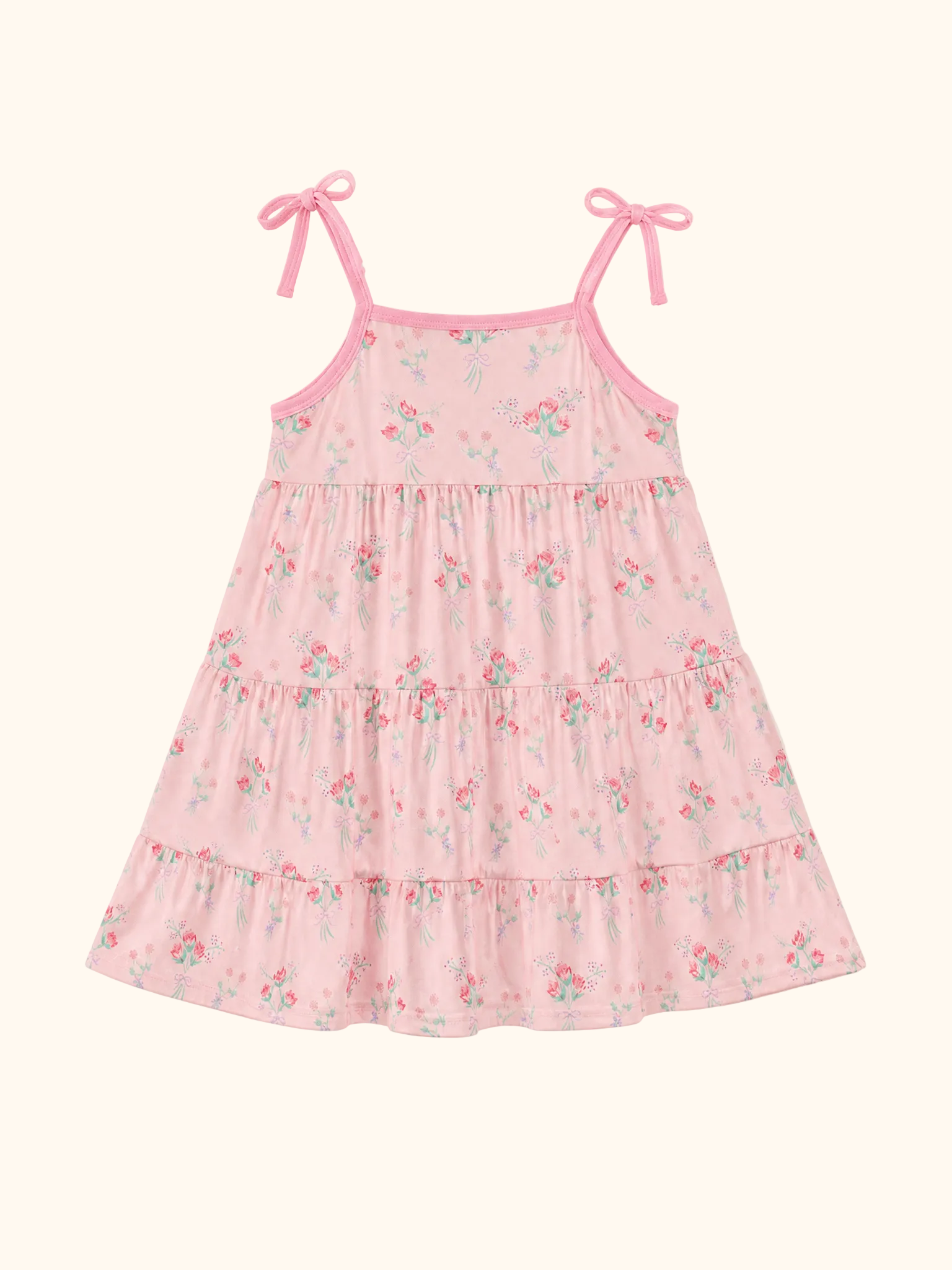Pink floral kids tiered dress with bow-tie straps and gathered skirt, back product view