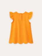 Orange kids flutter-sleeve top with two-button back opening and scalloped hem, rear product view