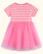 Fuchsia pink kids striped tulle dress with plain tulle skirt, back product view