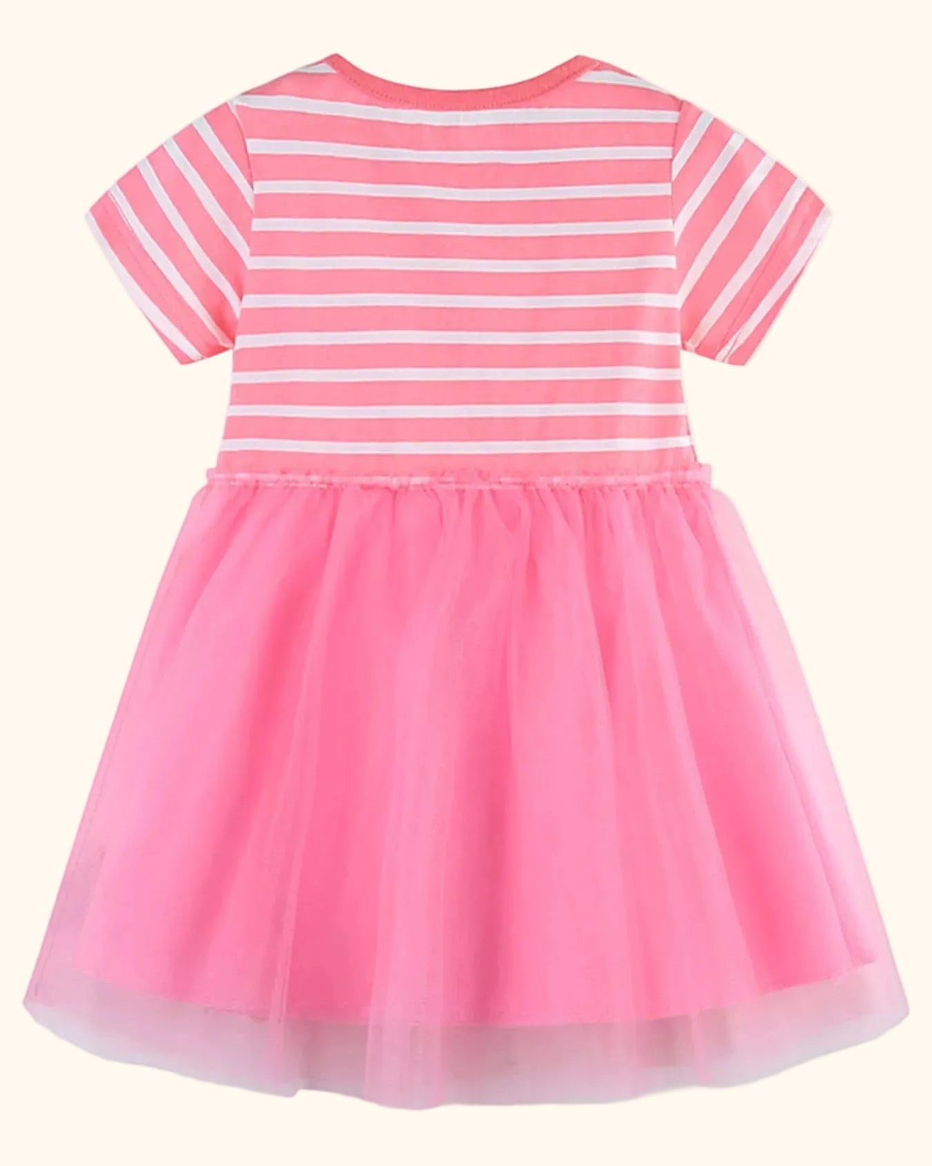 Fuchsia pink kids striped tulle dress with plain tulle skirt, back product view