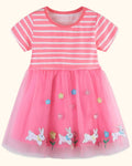Fuchsia pink kids striped bunny appliqué tulle dress with colorful flowers, front product view