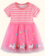 Fuchsia pink kids striped bunny appliqué tulle dress with colorful flowers, front product view