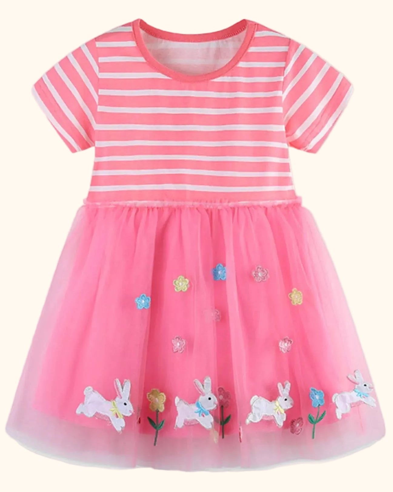Fuchsia pink kids striped bunny appliqué tulle dress with colorful flowers, front product view