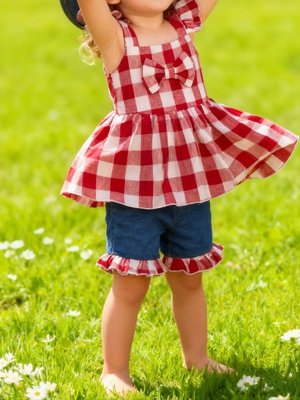 Gingham Bowknot Ruffle Trim Top and Shorts Set