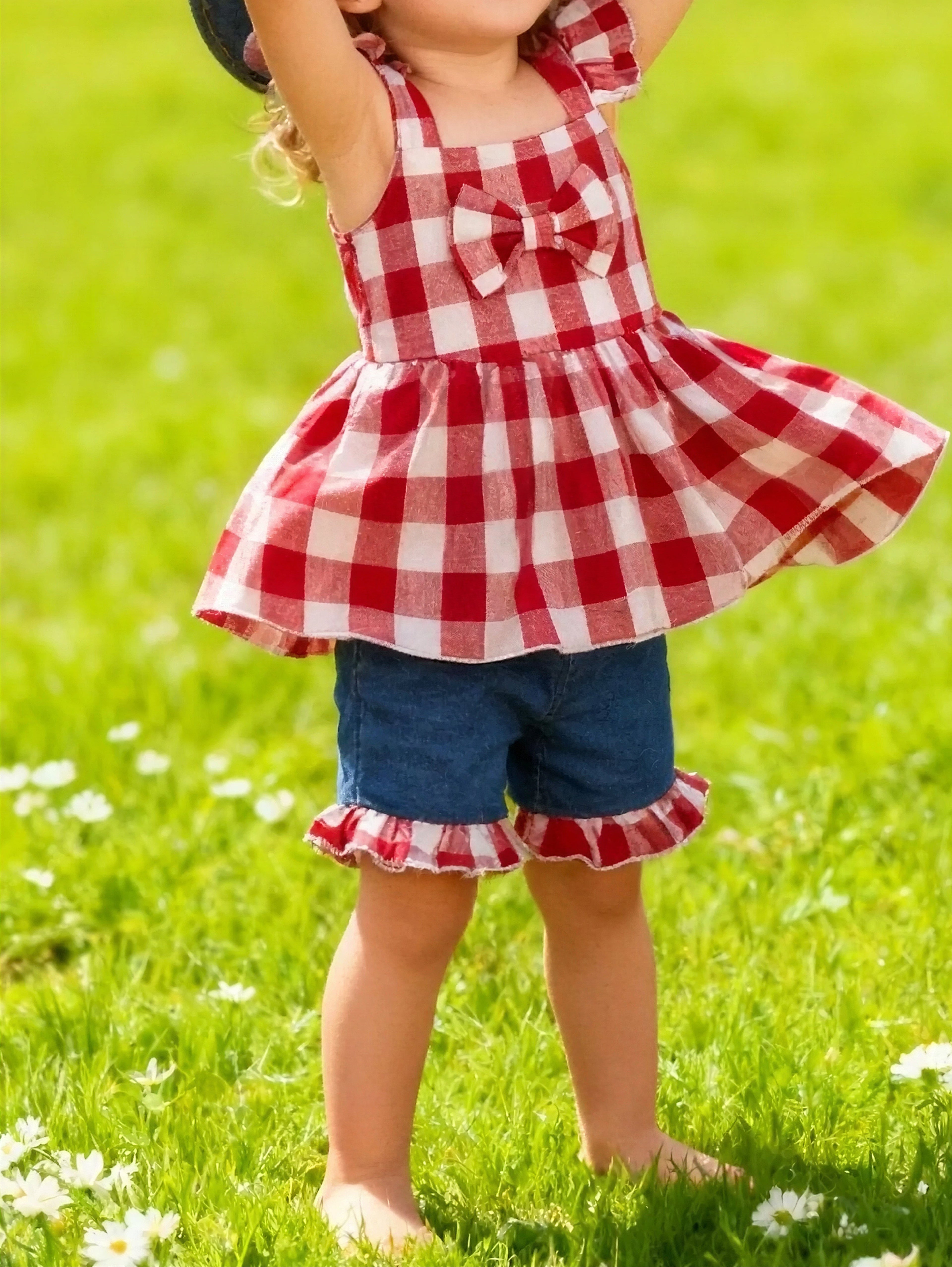 Gingham Bowknot Ruffle Trim Top and Shorts Set