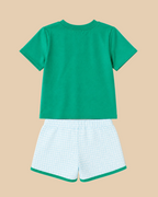 Green short-sleeve pocket tee and blue gingham kids shorts set, back product view