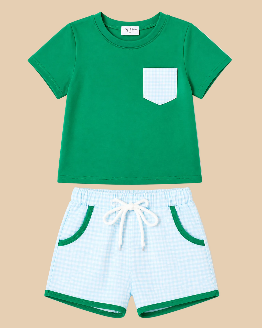 Green kids pocket T-shirt and blue gingham shorts set, front product view