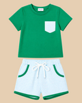 Green kids pocket T-shirt and blue gingham shorts set, front product view