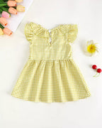 Chartreuse yellow gingham baby and toddler ruffle dress with back keyhole and button, back view