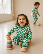Green and white checker kids crew neck jogger set, indoor front lifestyle view