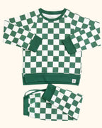 Green checker kids crew neck top and matching jogger pants with solid green trim, product view