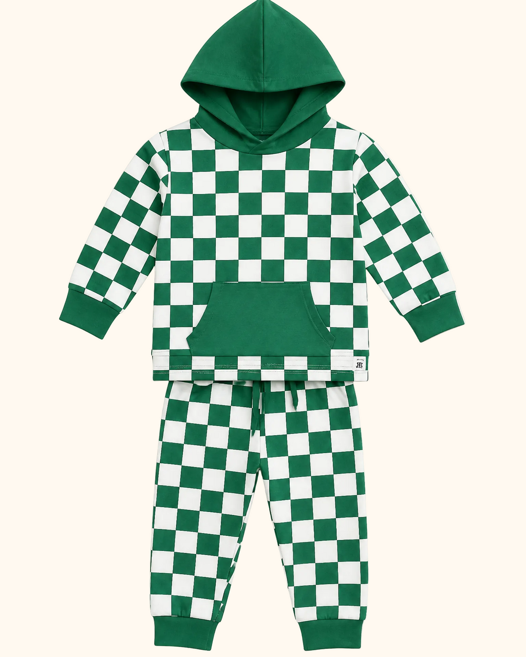 Green checkerboard kids hooded jogger set with kangaroo pocket and cuffed pants, front view
