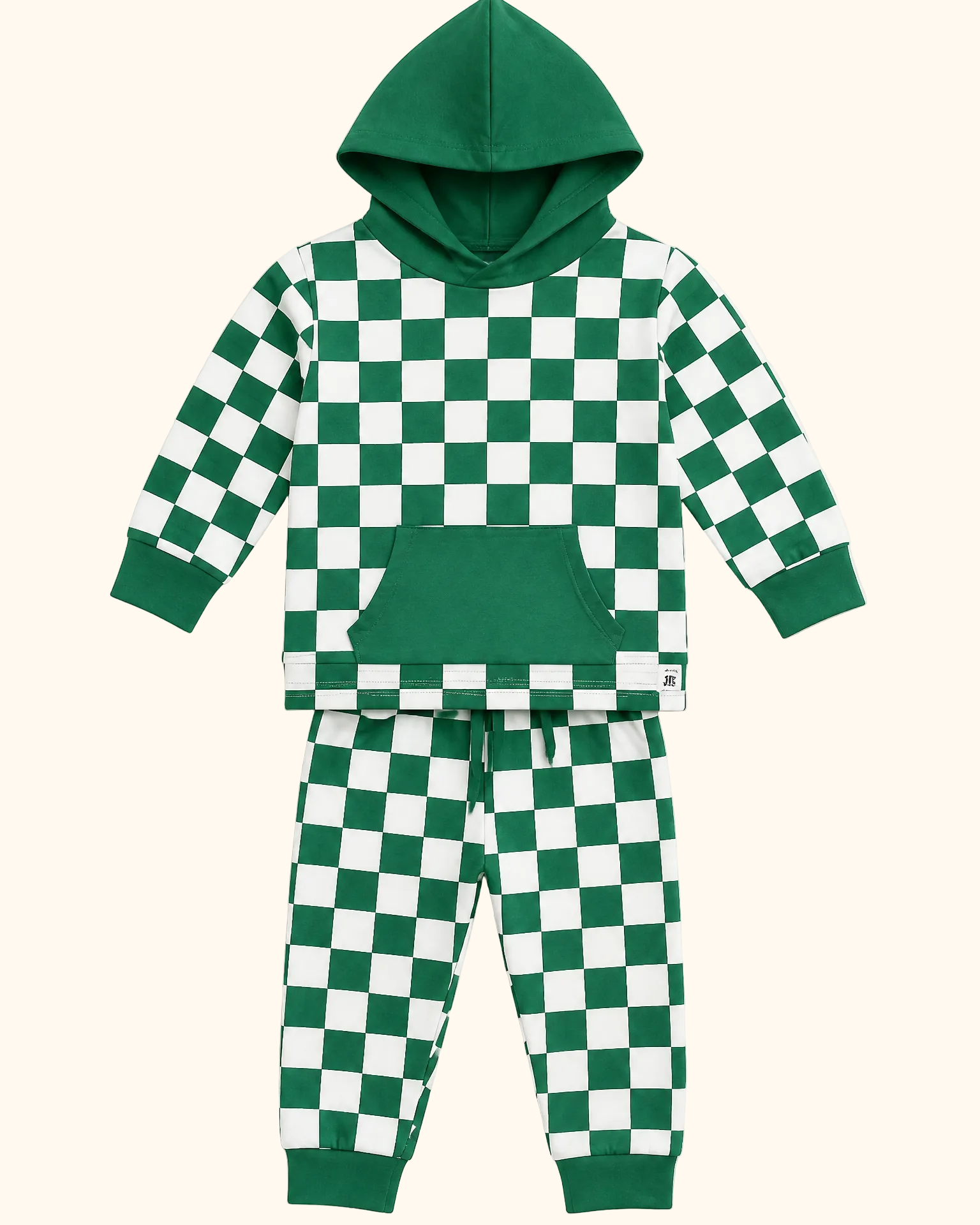 Green checkerboard kids hooded jogger set with kangaroo pocket and cuffed pants, front view