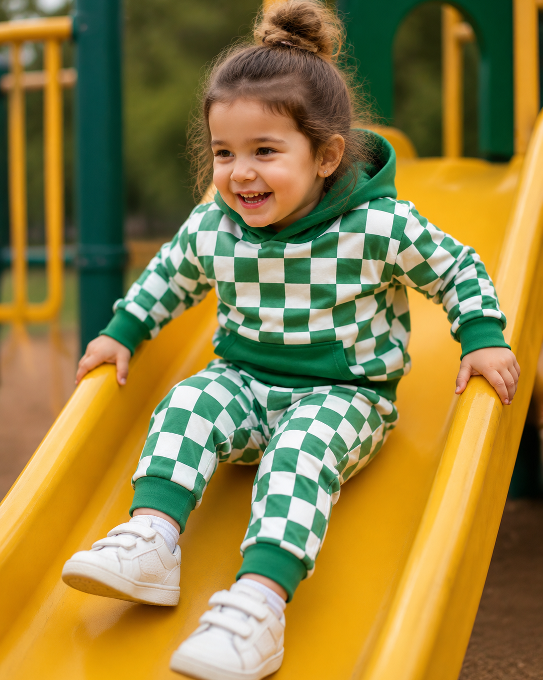 Green checkerboard kids hoodie and jogger pants set, modeled playground front view