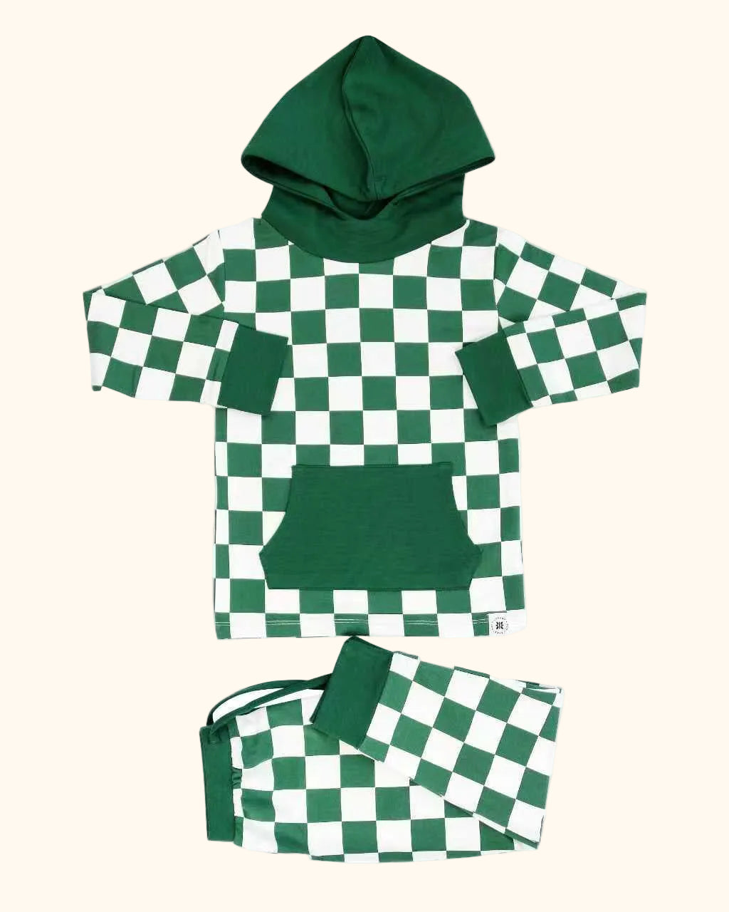 Green and white checkerboard hoodie with kangaroo pocket and matching joggers, product view