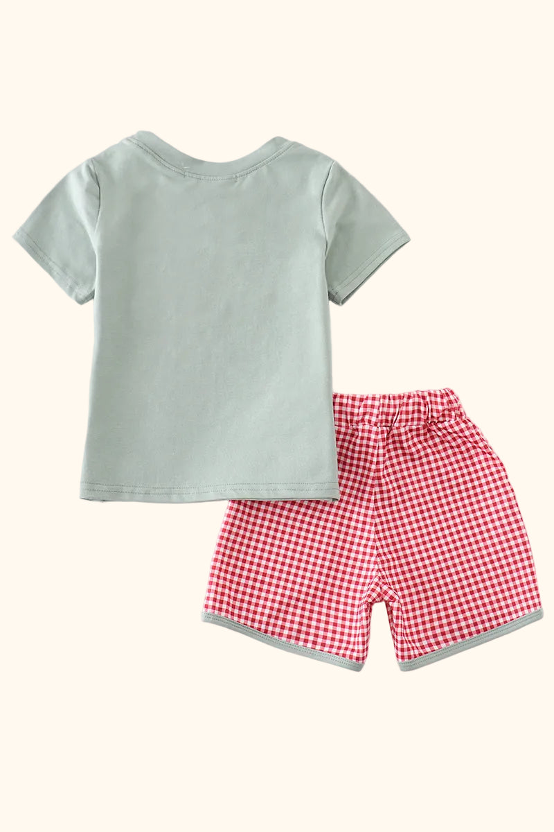 Kids Green Farm French Knot T-Shirt & Gingham Shorts Set