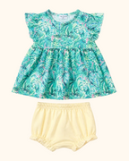 Green tropical floral flutter-sleeve top and soft yellow baby bloomers, front product view