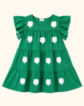 Green kids tiered dress with white sequin clover appliqués and flutter sleeves, front product view