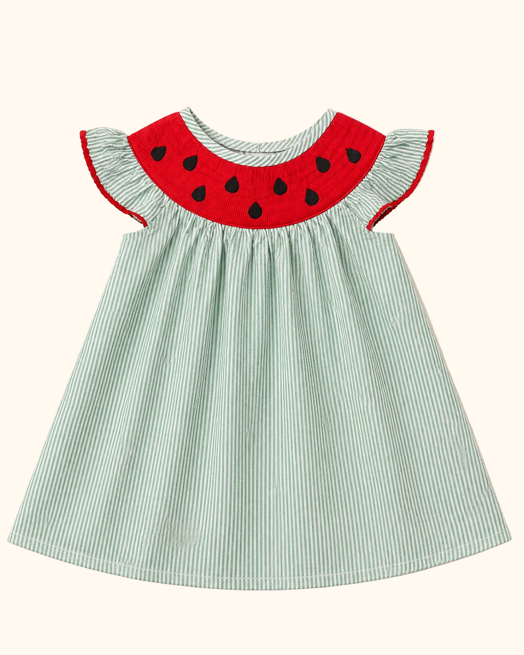 Green and white striped kids dress with red watermelon smocked yoke, front product view