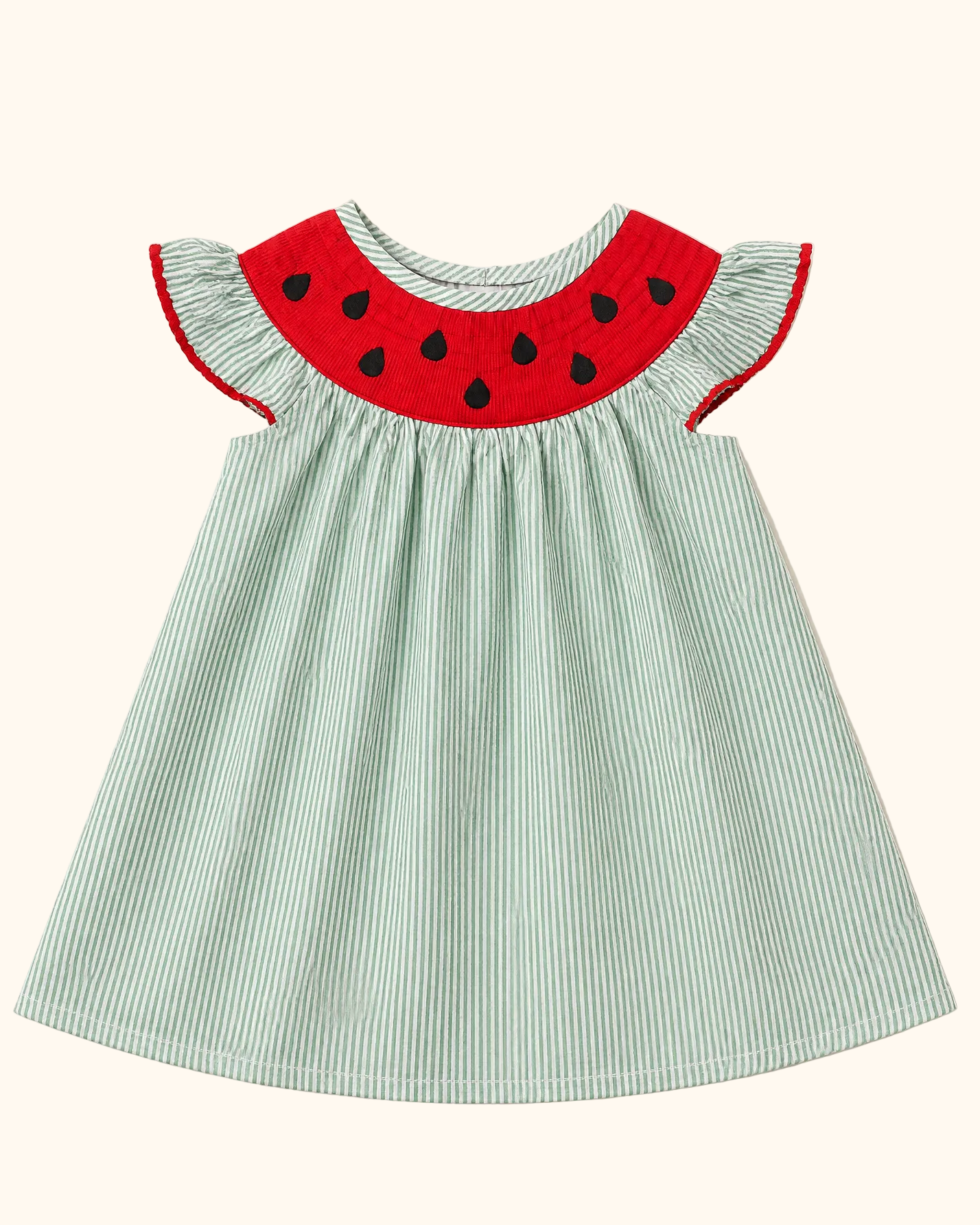 Green and white striped kids dress with red watermelon smocked yoke, front product view