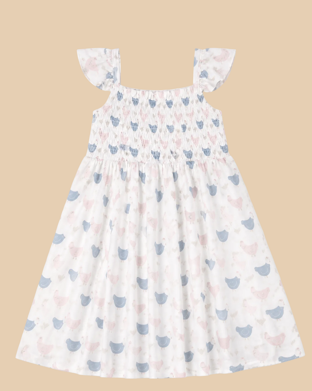 White kids bamboo smocked dress with pastel hen print and smocked bodice, front product view